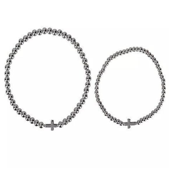 Silver Plated Mom Daughter Bracelet (2 Piece Set) Beaded Cross Gift For Mom NEW - Picture 3 of 4